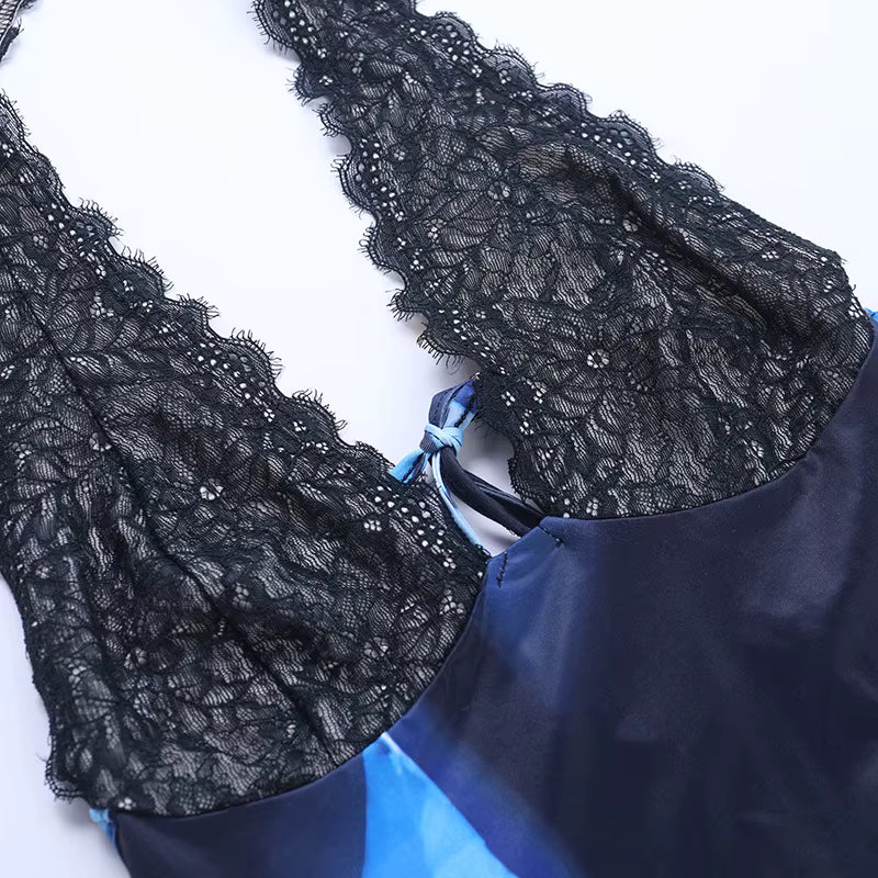 Robe longue fleurie dos nu à col halter pour femme