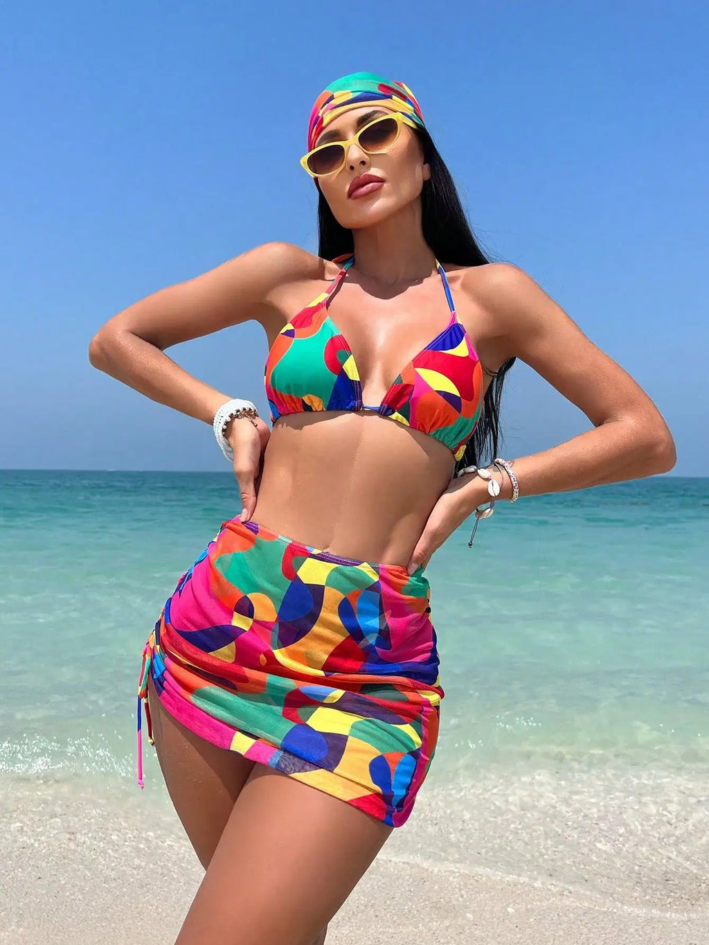 Ensemble bikini 4 pièces imprimé à nouer, jupe et foulard