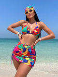 Ensemble bikini 4 pièces imprimé à nouer, jupe et foulard