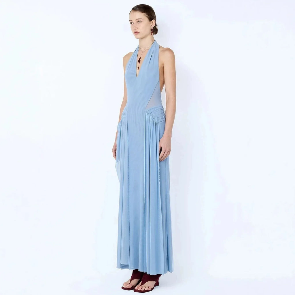 Robe Maxi Élégante à Halter Sans Dos en Maille Bleu, Coupe Slim pour Femme
