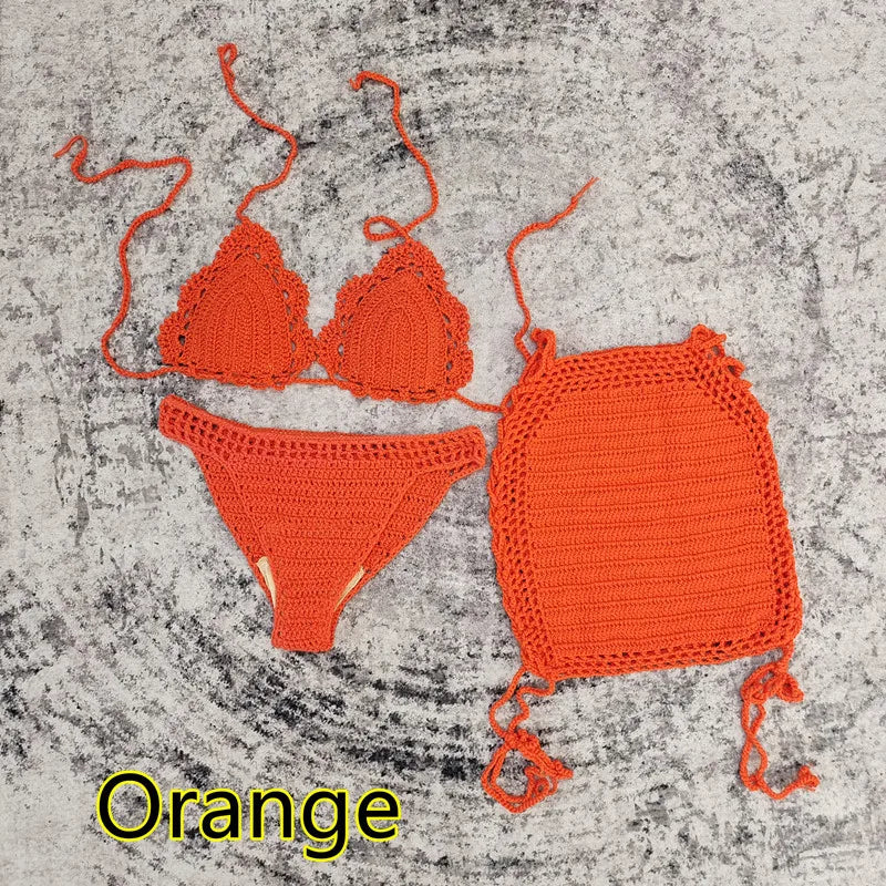 Ensemble bikini 3 pièces au crochet fait main avec jupe de plage