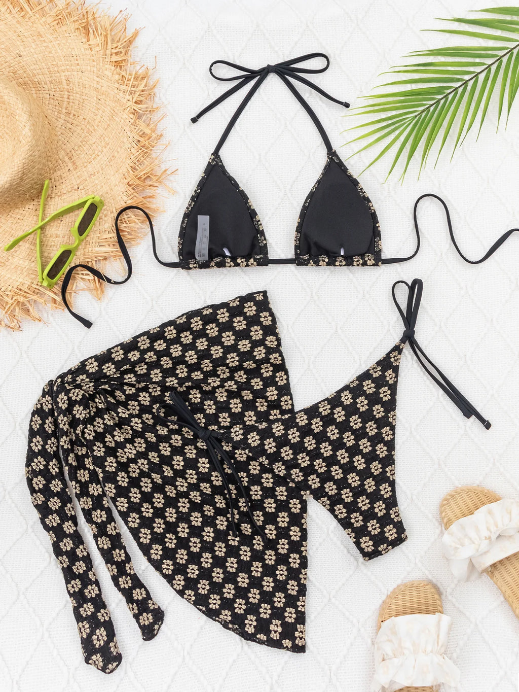 Maillot de bain bikini 3 pièces floral à taille haute avec bandeau et jupe amovible