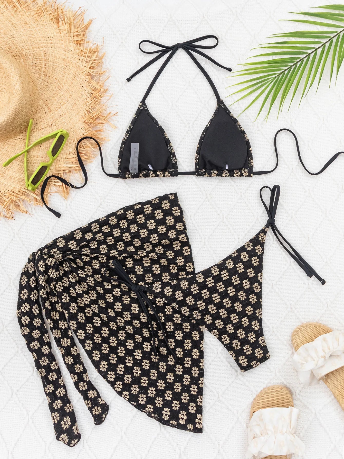 Maillot de bain bikini 3 pièces floral à taille haute avec bandeau et jupe amovible