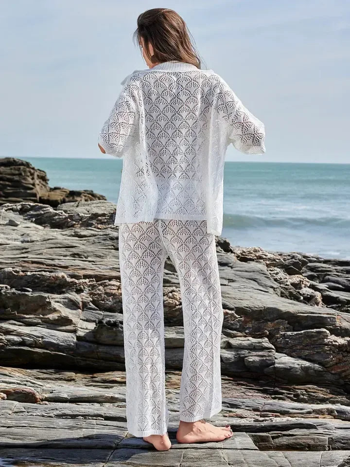 Ensemble 2 pièces cover-up en maille pour la plage, top à col V et pantalon à cordon