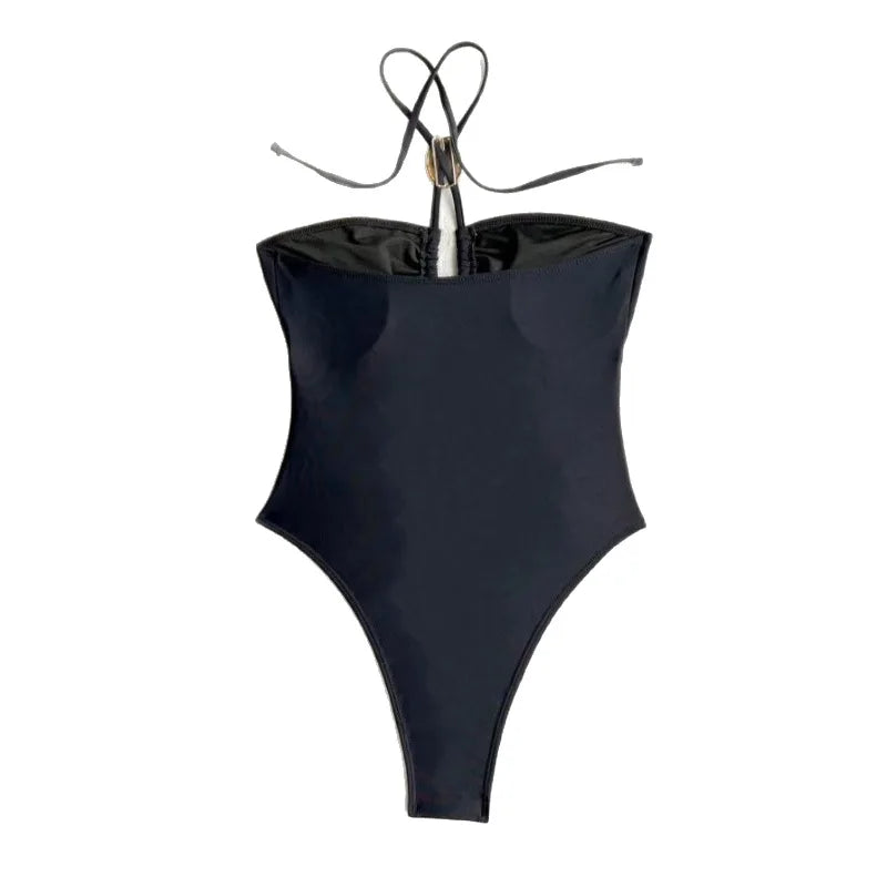 Maillot de bain 1 pièce femme à col halter, découpes et anneau métal