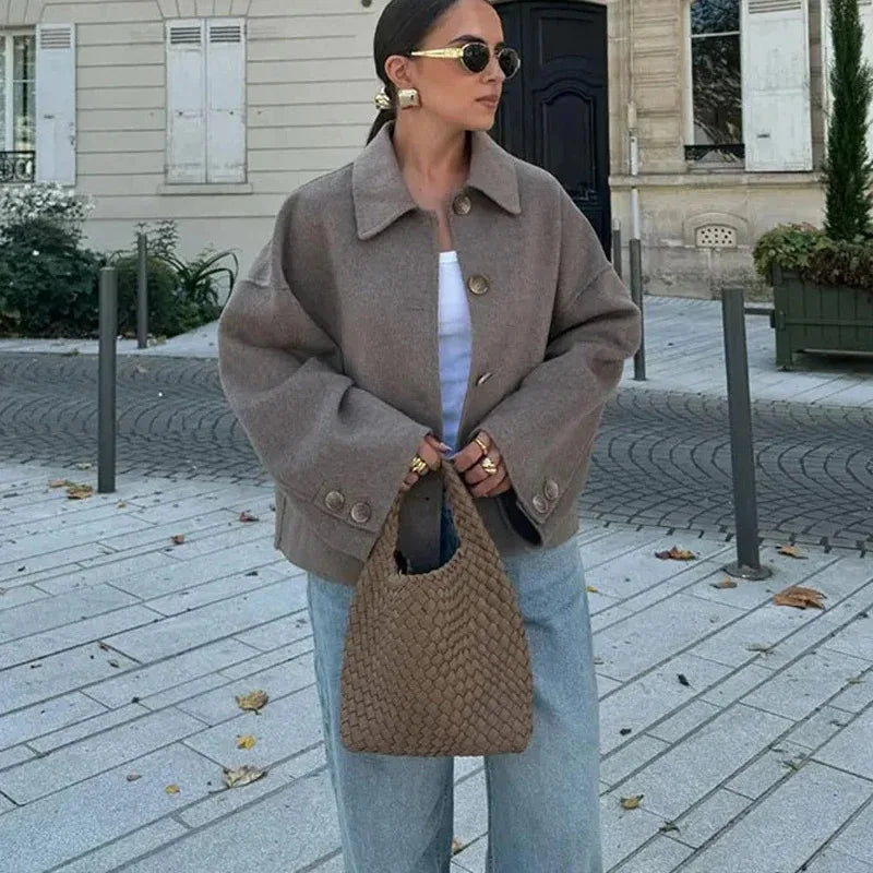 Veste courte en fausse fourrure à col rabattu pour femme