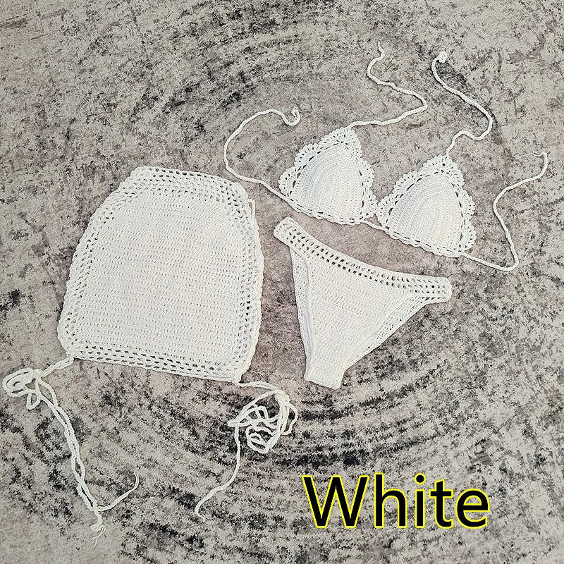 Ensemble bikini 3 pièces au crochet fait main avec jupe de plage