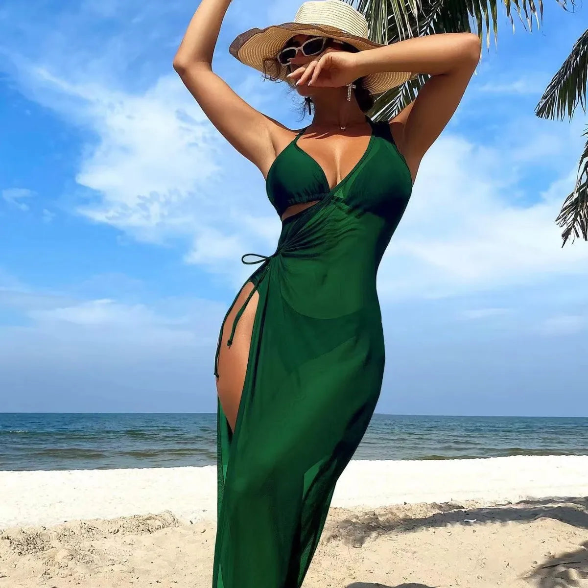 Ensemble bikini trois pièces avec paréo, taille haute, uni, dos nu, à nouer