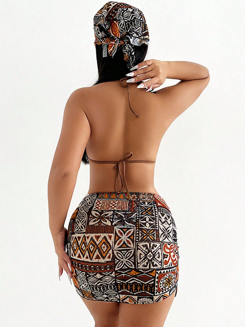Maillot de bain femme 2 pièces taille haute avec foulard
