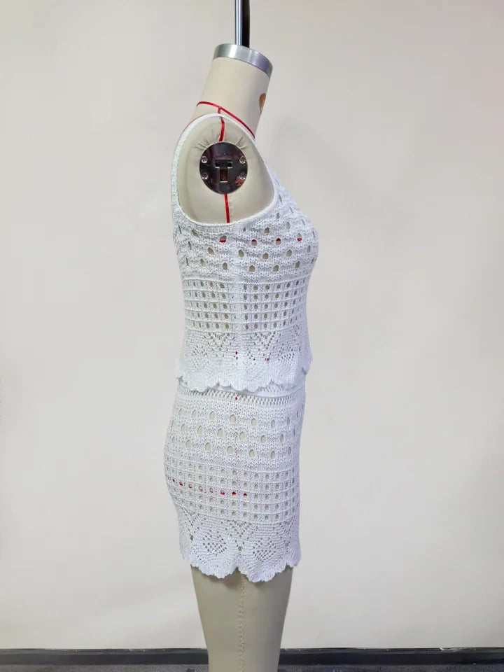 Ensemble 2 pièces en crochet pour femme – débardeur court et short ajouré