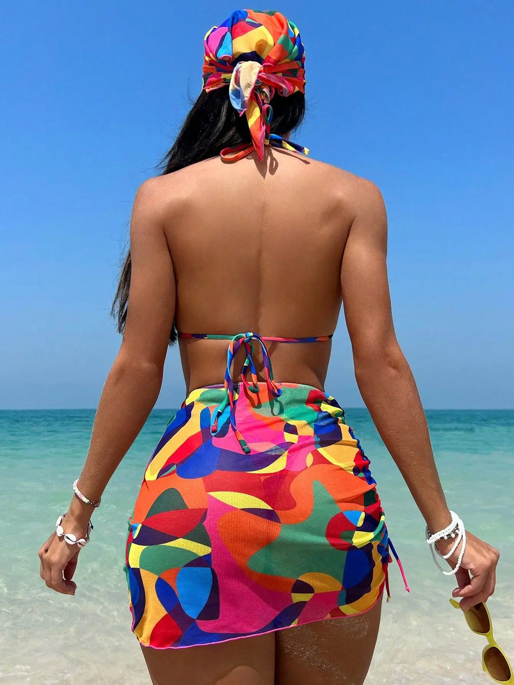 Ensemble bikini 4 pièces imprimé à nouer, jupe et foulard