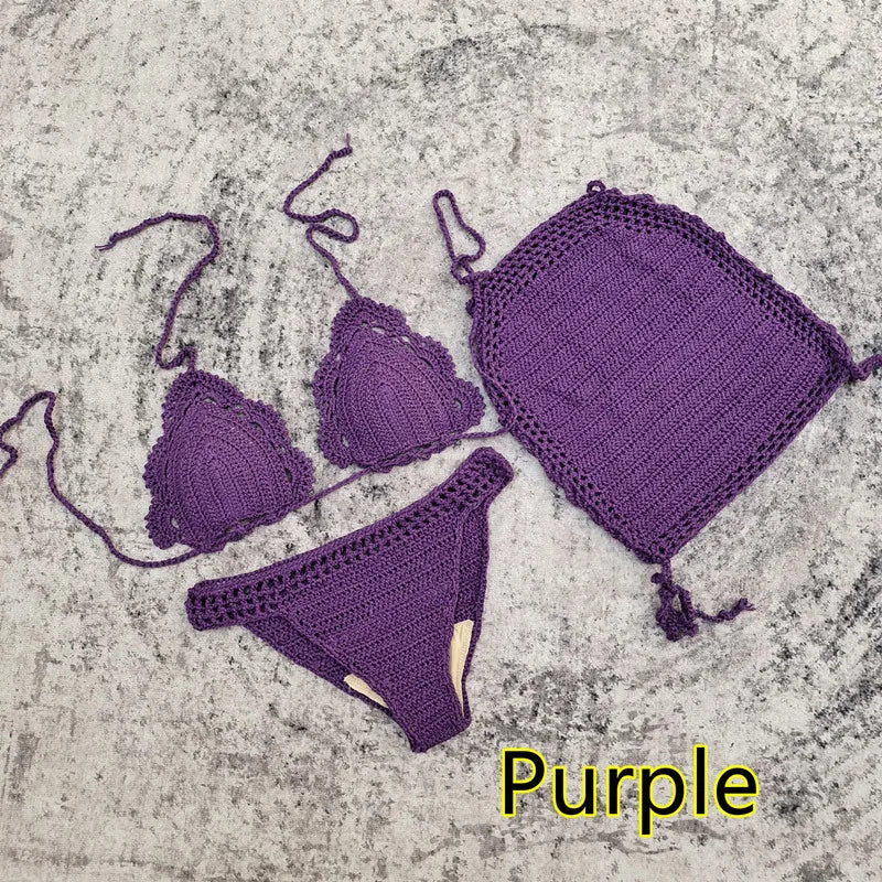 Ensemble bikini 3 pièces au crochet fait main avec jupe de plage