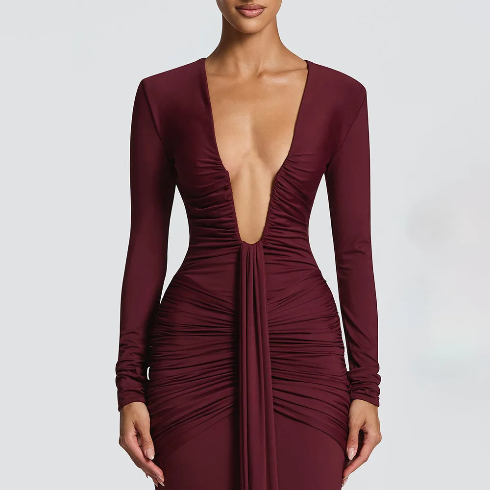 Robe longue femme col V profond, manches longues, coupe ajustée