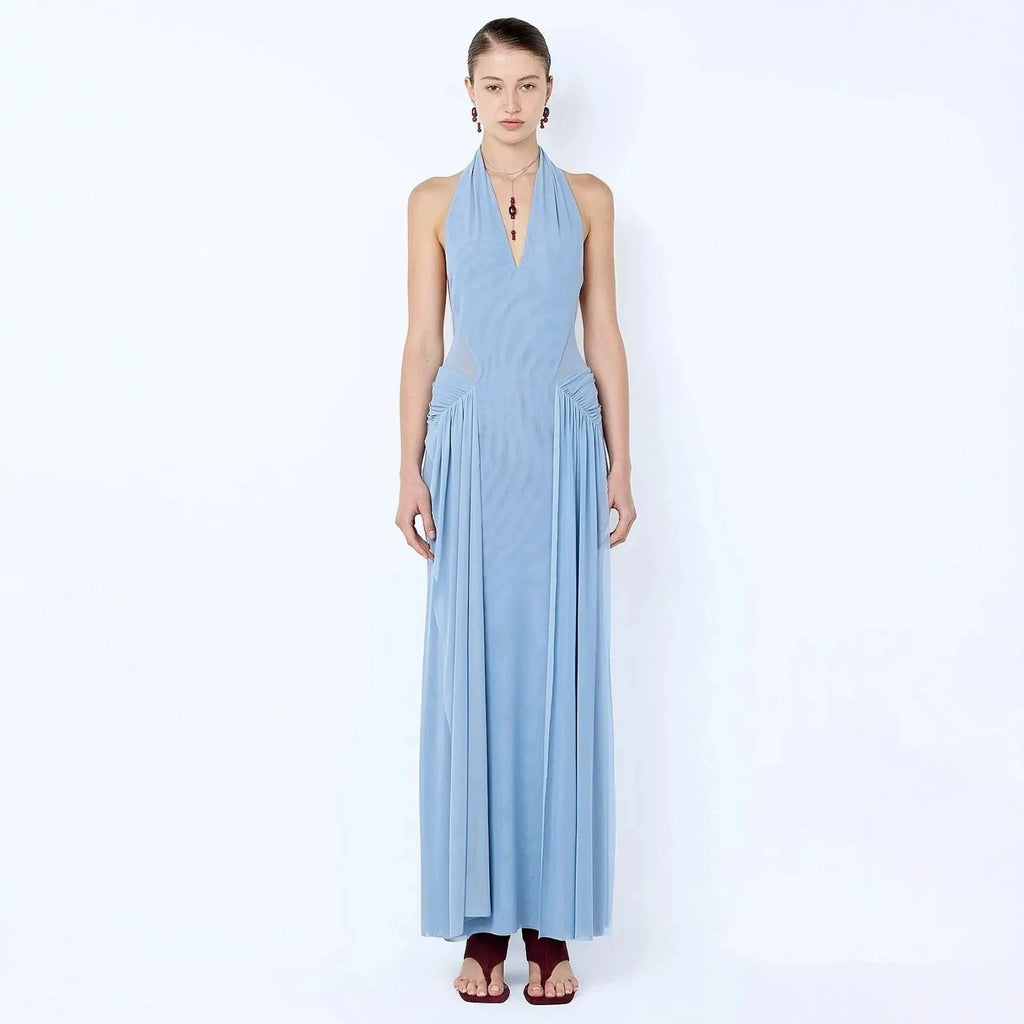 Robe Maxi Élégante à Halter Sans Dos en Maille Bleu, Coupe Slim pour Femme