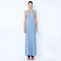 Robe Maxi Élégante à Halter Sans Dos en Maille Bleu, Coupe Slim pour Femme