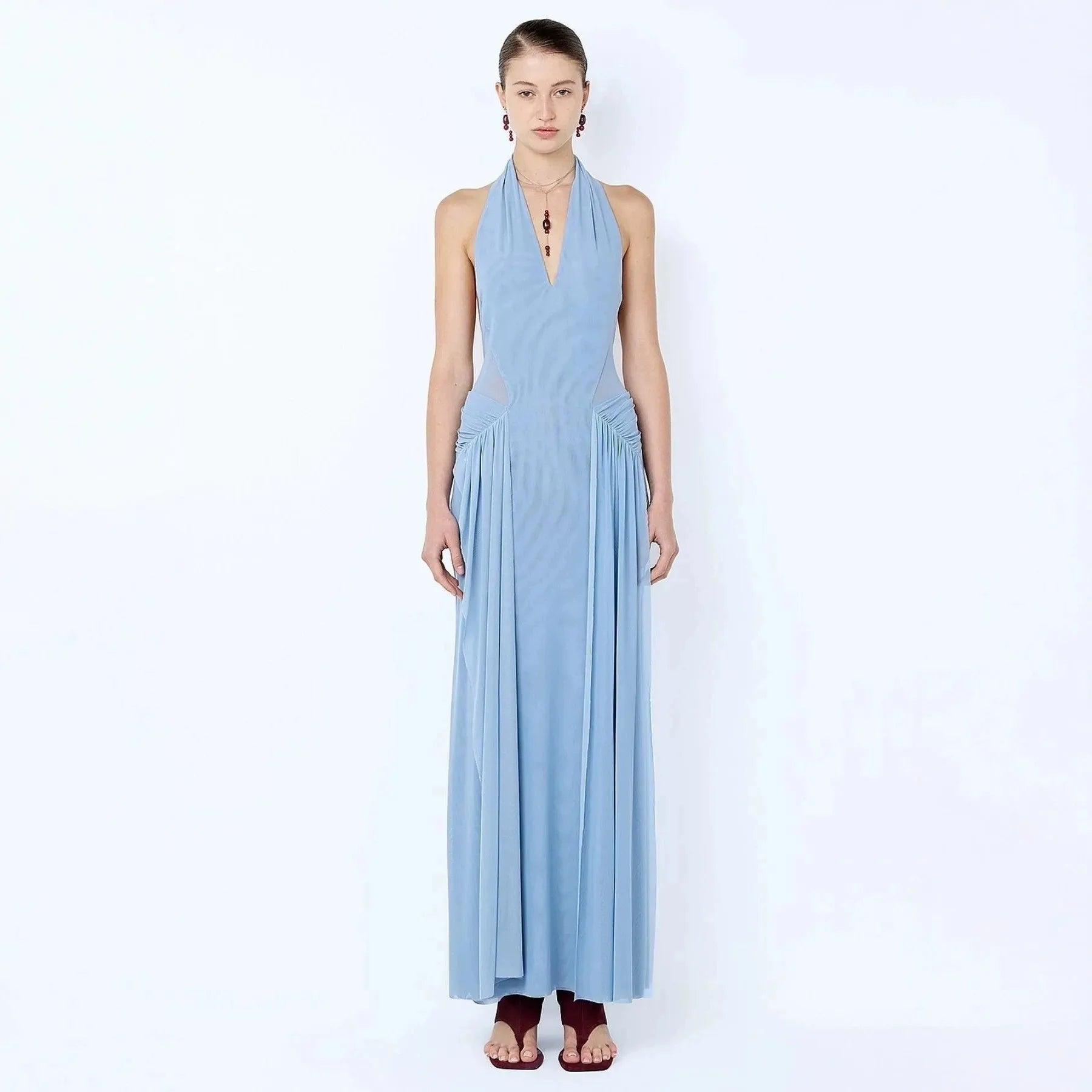 Robe Maxi Élégante à Halter Sans Dos en Maille Bleu, Coupe Slim pour Femme