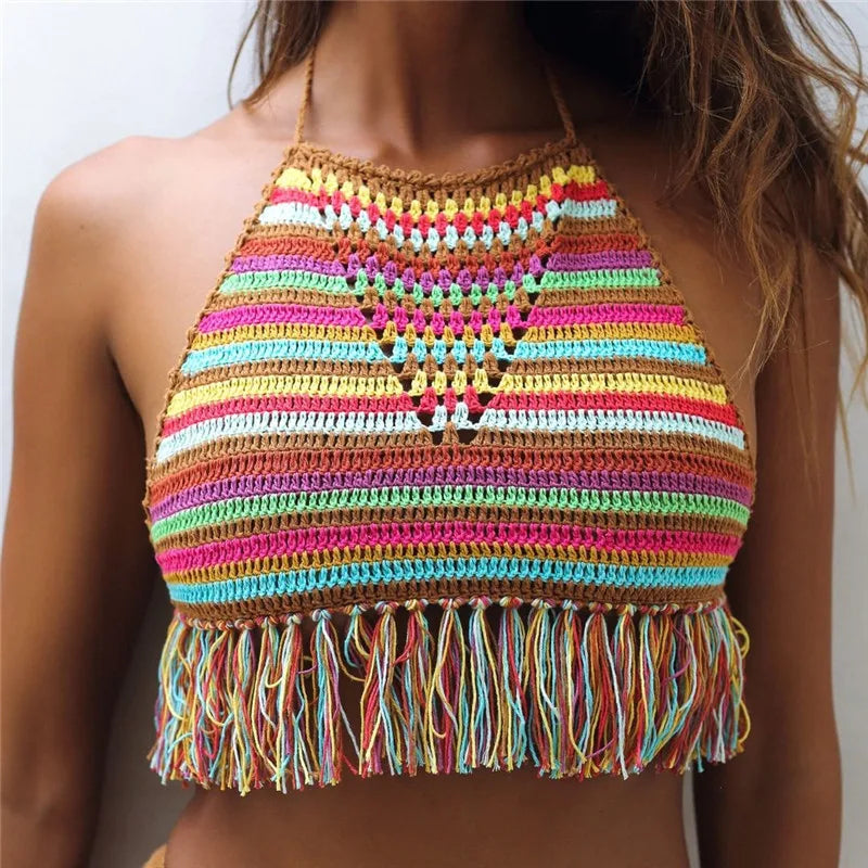 Bikini femme au crochet rayé, maillot de bain 2 pièces taille haute