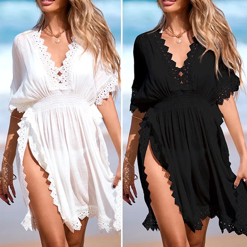 Robe midi évasée en dentelle ajourée à col V profond et taille élastiquée