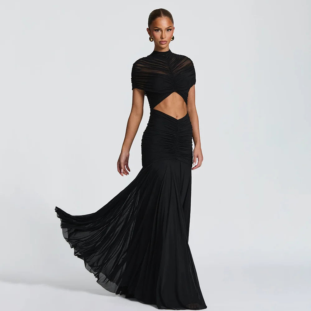 Robe longue maxi élégante en maille ajourée à manches courtes