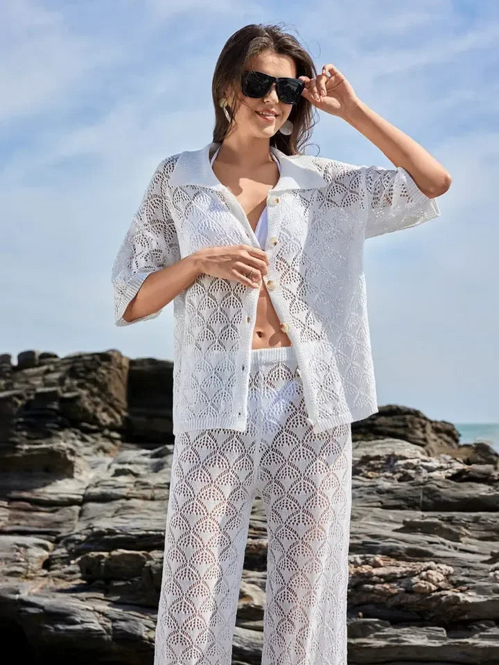 Ensemble 2 pièces cover-up en maille pour la plage, top à col V et pantalon à cordon