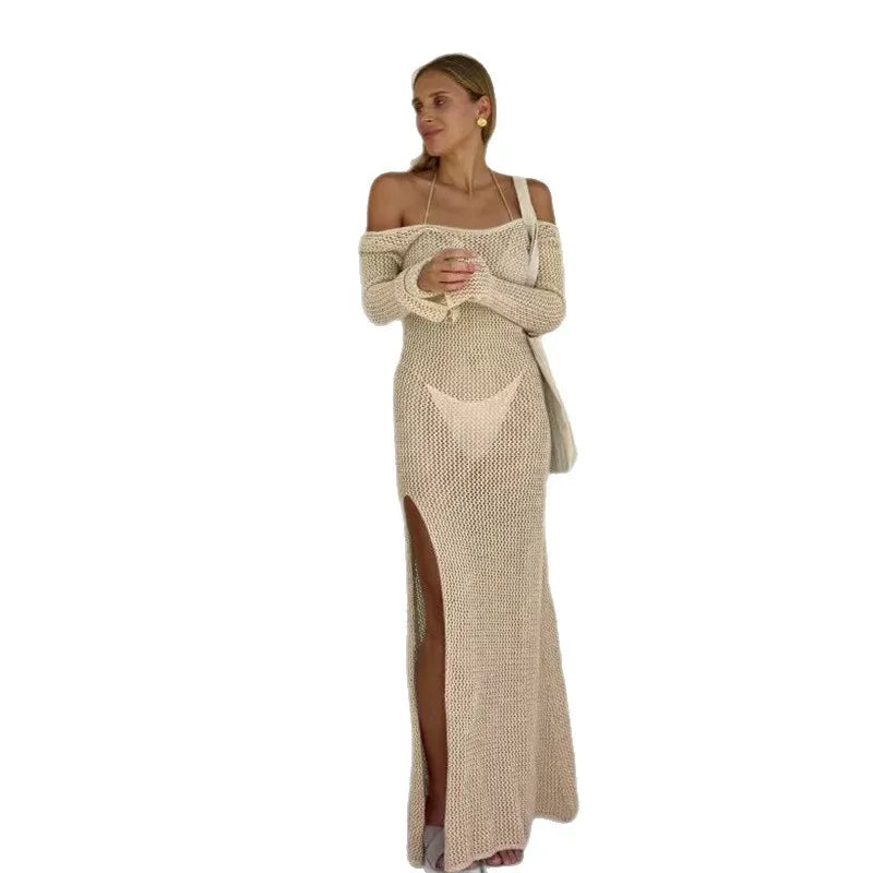 Robe kaftan longue en maille respirante avec dos nu et fente latérale