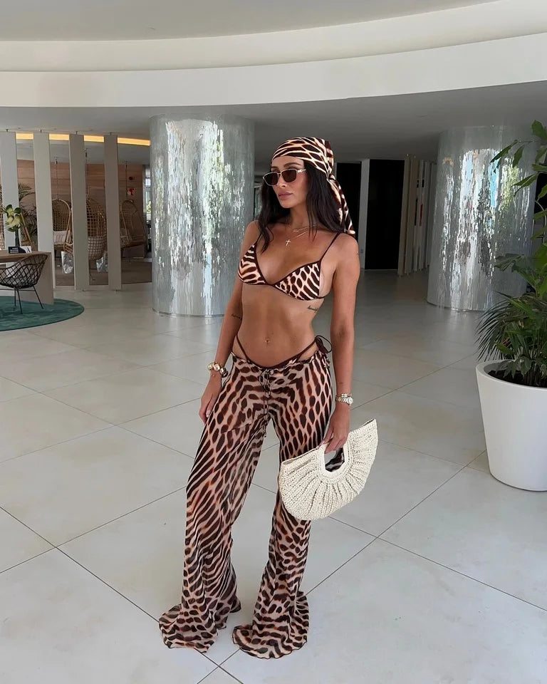 Ensemble bikini 3 pièces imprimé léopard à taille ajustée, dos nu