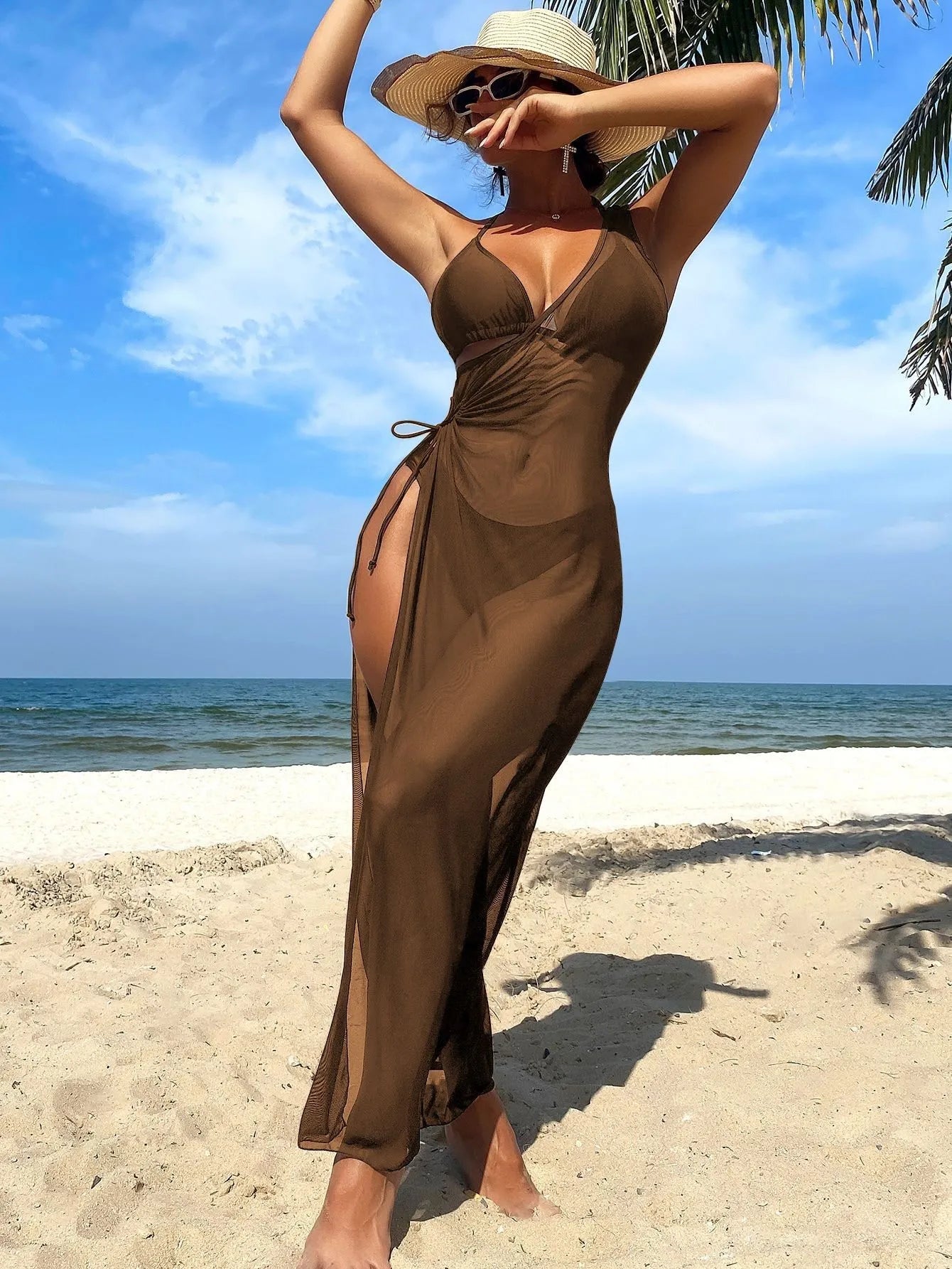 Ensemble bikini trois pièces avec paréo, taille haute, uni, dos nu, à nouer