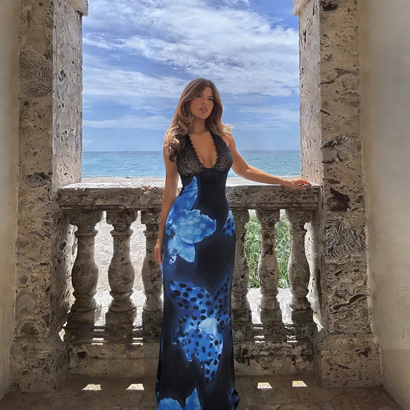 Robe longue fleurie dos nu à col halter pour femme
