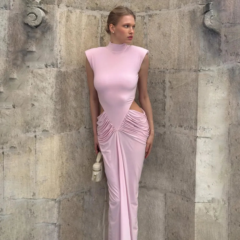 Robe longue rose sans manches à découpes, style élégant et casual