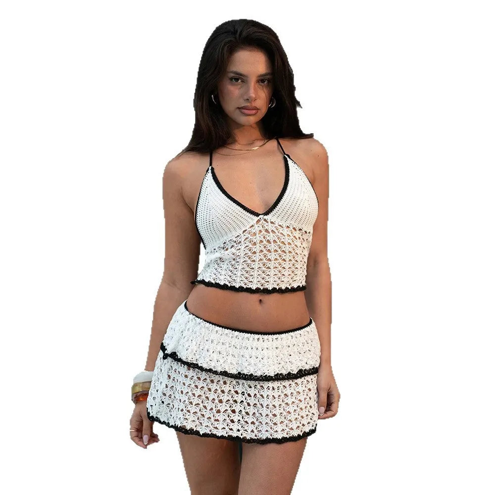 Ensemble de plage en maille uni – bikini avec jupe de plage et blouse légère