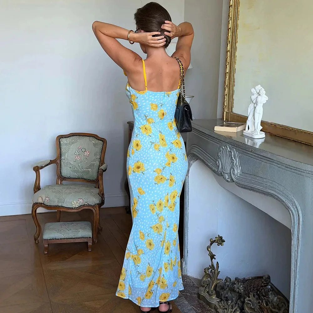 Robe longue fleurie à bretelles spaghetti, dos nu, été