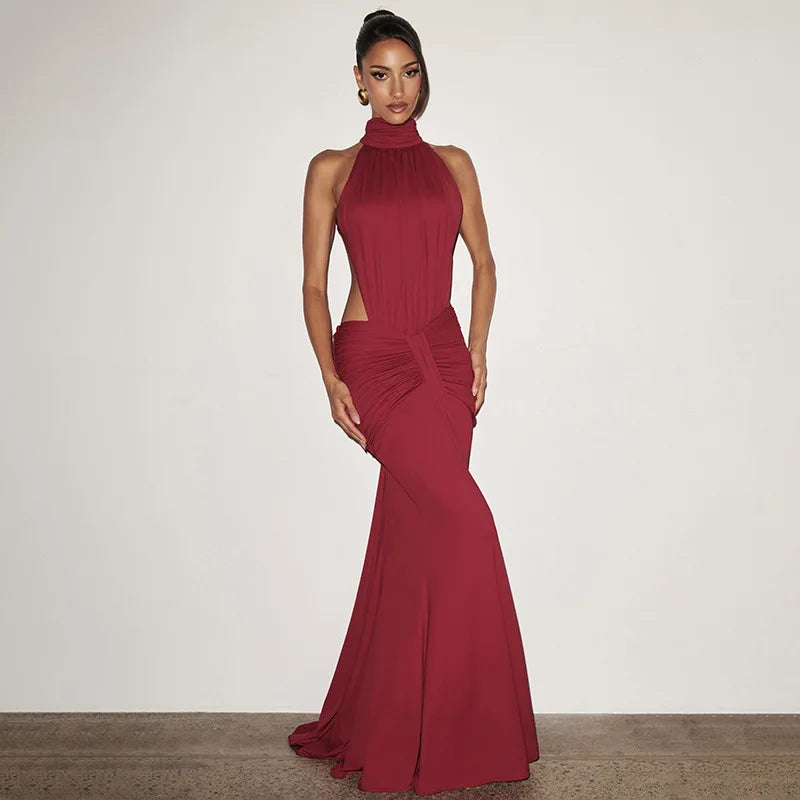 Robe longue élégante à col montant et dos nu, sans manches, couleur unie