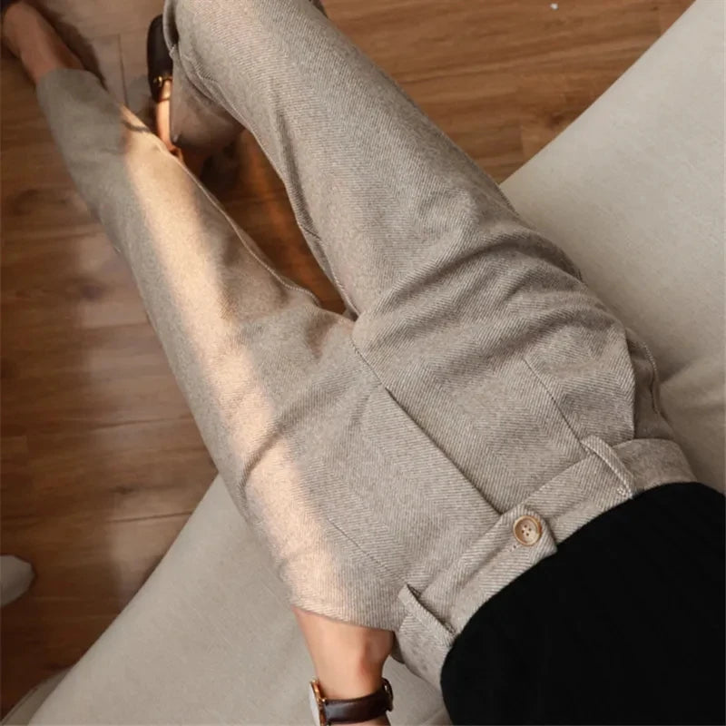 Wollhose Damen Harem Bleistifthose 2024 Herbst Winter High Waisted Freizeithose Anzughose Office Lady Damenhose