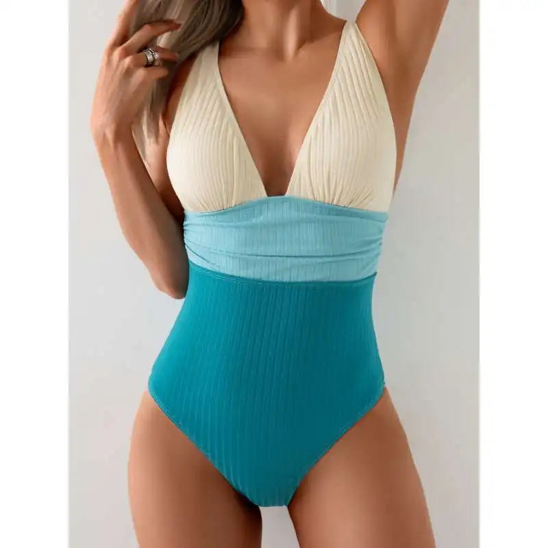 Bikini femme taille haute avec armatures et décolleté en V profond