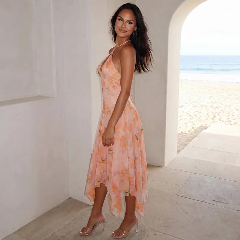 Robe longue maxi fleurie à col halter pour femme