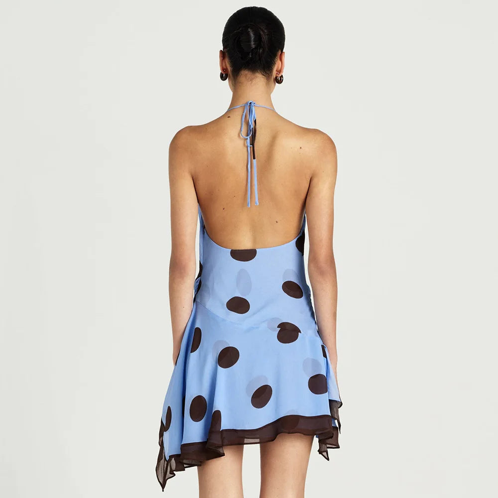 Robe Mini en Chiffon à Imprimé Polka Dot, Dos Nu, Collier en Halter, Style Vintage d'Été pour Femme