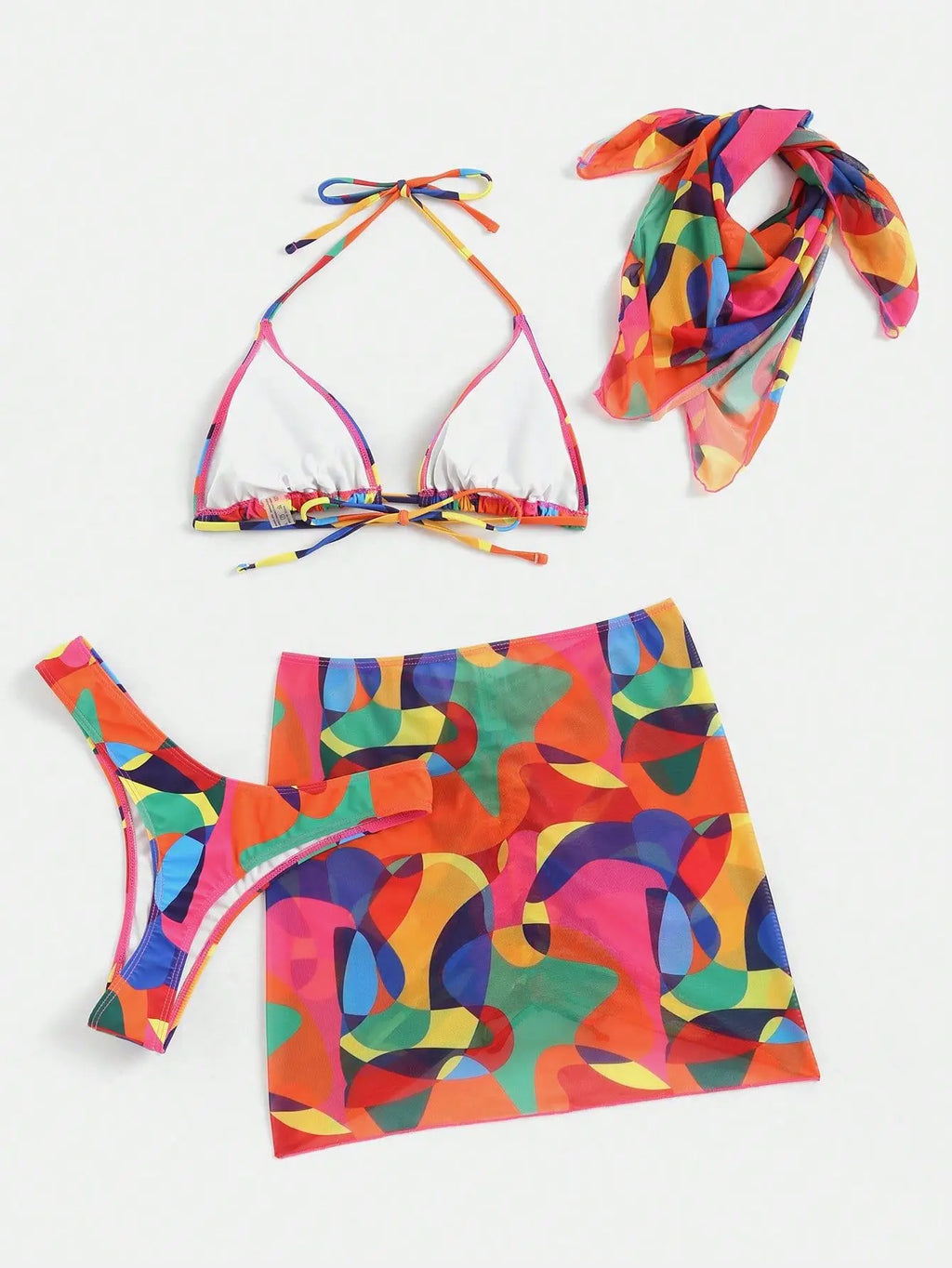 Ensemble bikini 4 pièces imprimé à nouer, jupe et foulard
