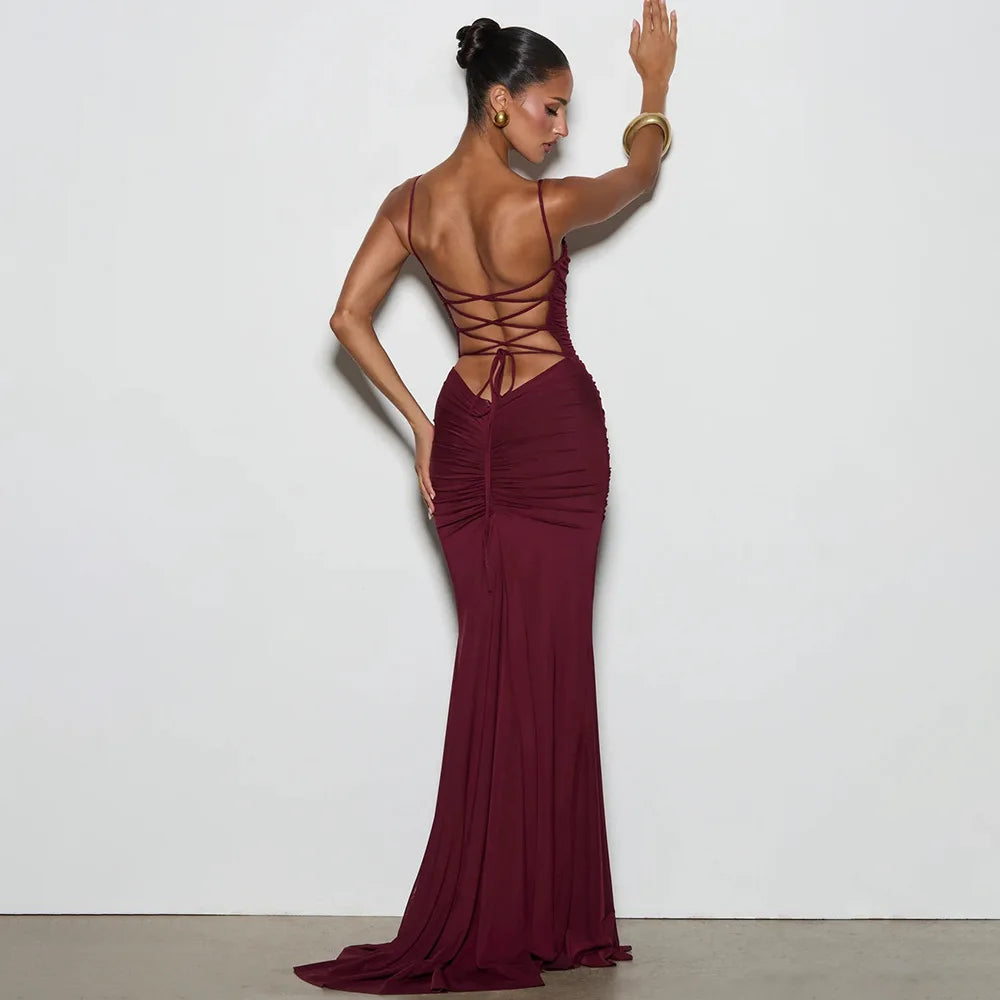 Robe longue d’été à fines bretelles, dos nu et lacets