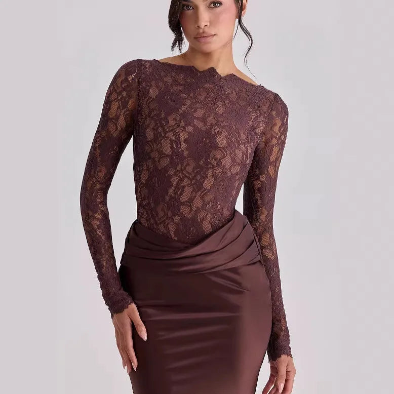 Robe longue élégante en satin à manches longues pour femme