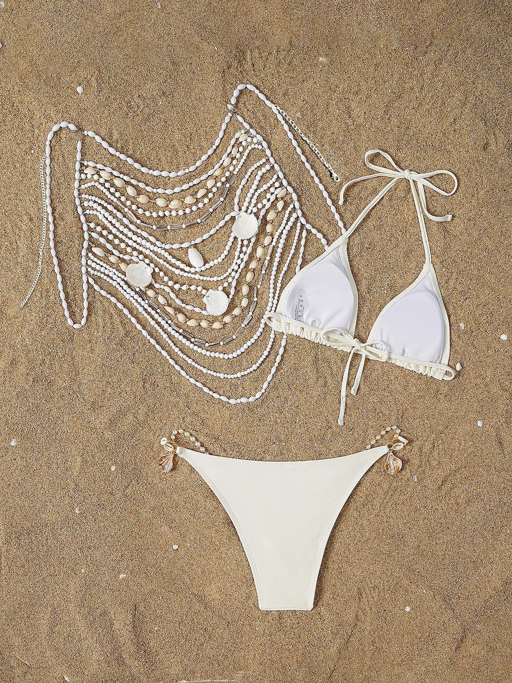Maillot de bain 3 pièces femme blanc à col halter, top perlé ajouré