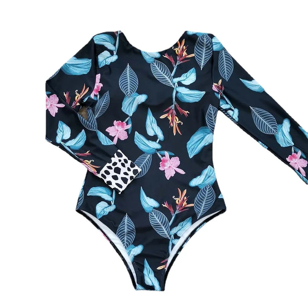 Maillot de bain rash guard une pièce à manches longues floral, zip frontal