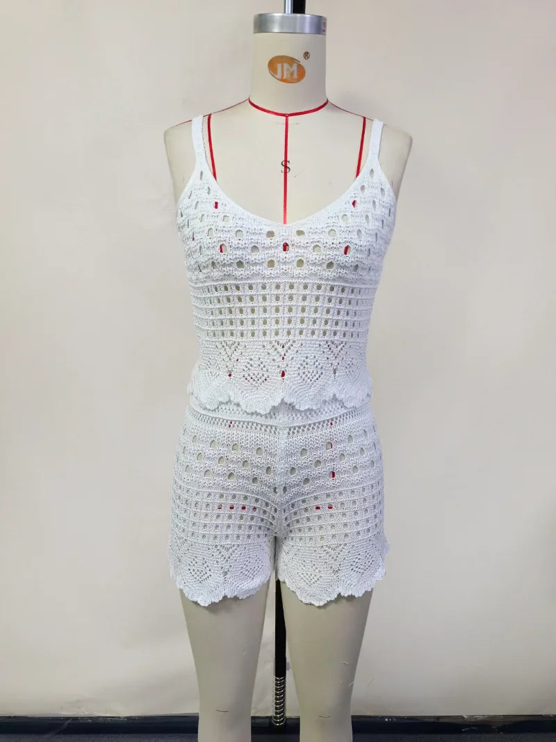 Ensemble 2 pièces en crochet pour femme – débardeur court et short ajouré
