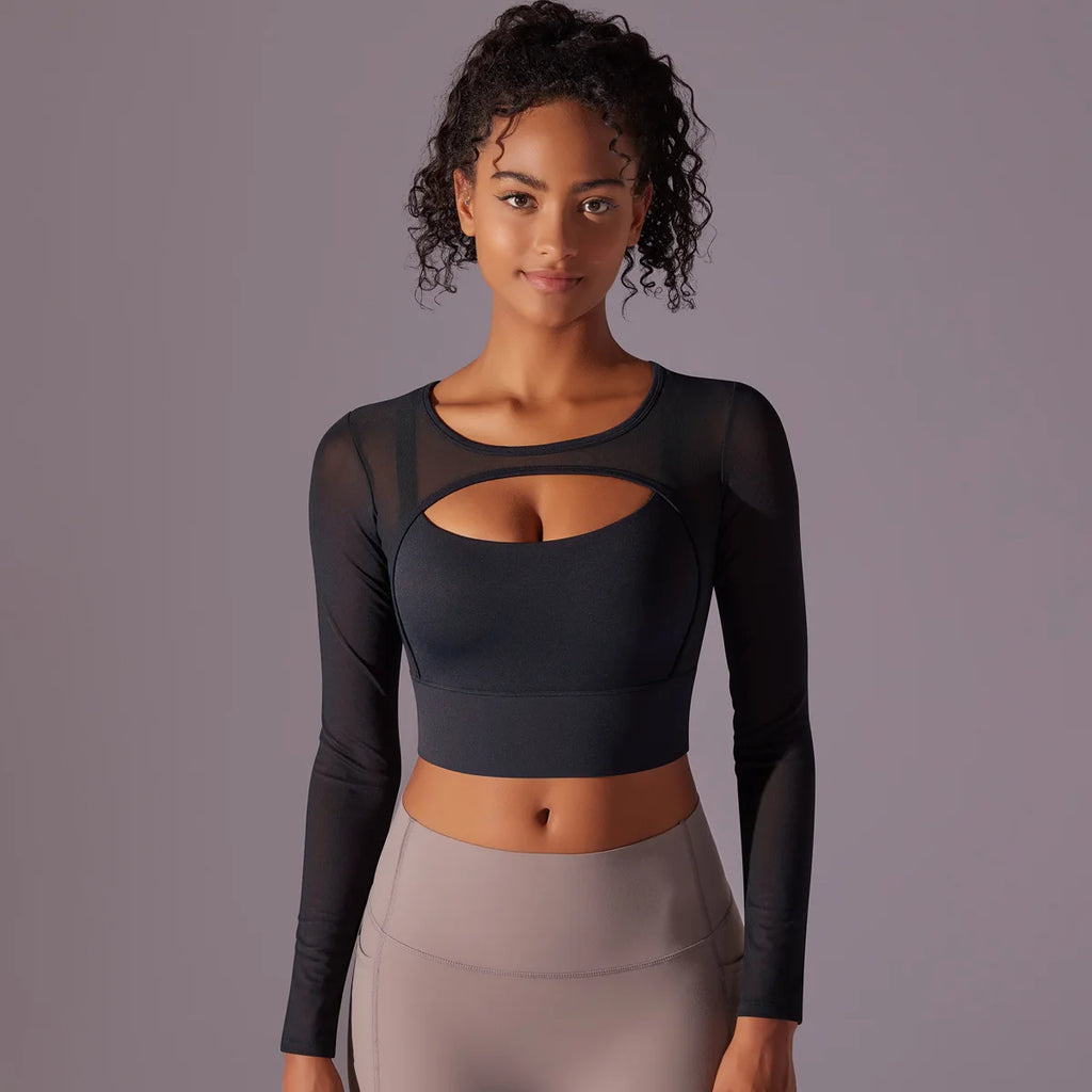 Haut de yoga et fitness manches longues en maille respirante bicolore ajustée pour femme