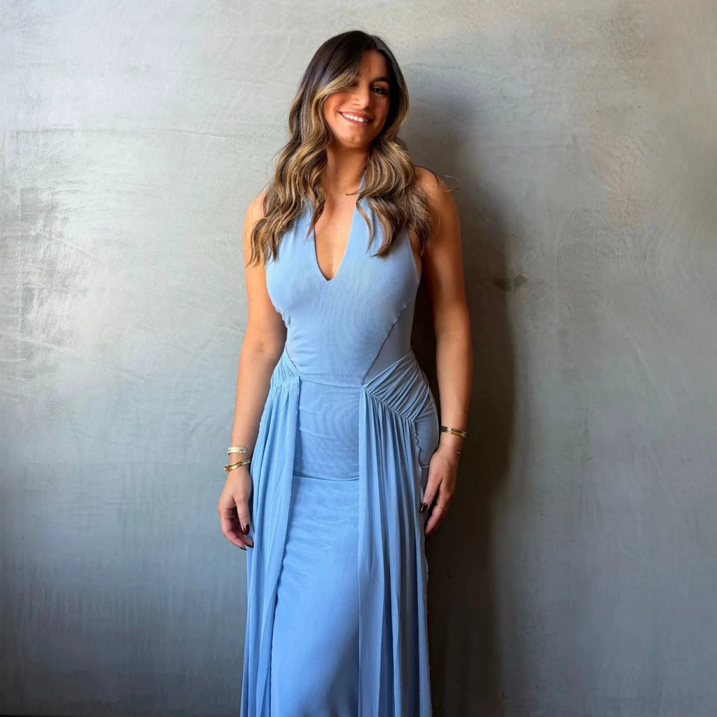 Robe Maxi Élégante à Halter Sans Dos en Maille Bleu, Coupe Slim pour Femme