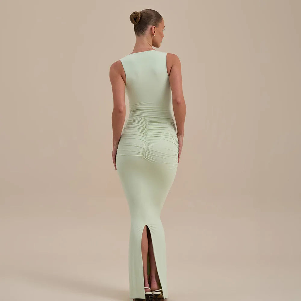 Robe de Femme Sans Manches à V-Neck Profond, Dos Plissé et Ouverture, Style Casual pour Été