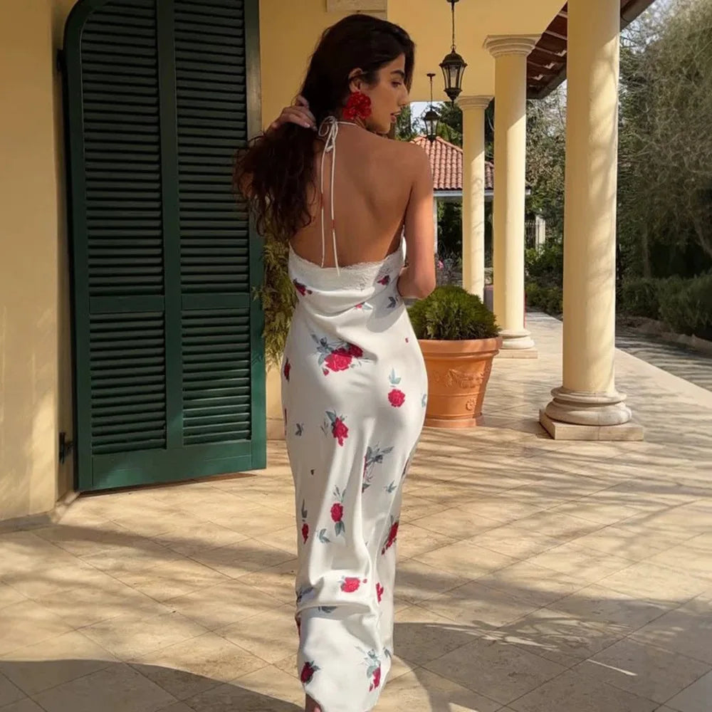 Robe longue dos nu à col halter, imprimé floral, coupe ajustée