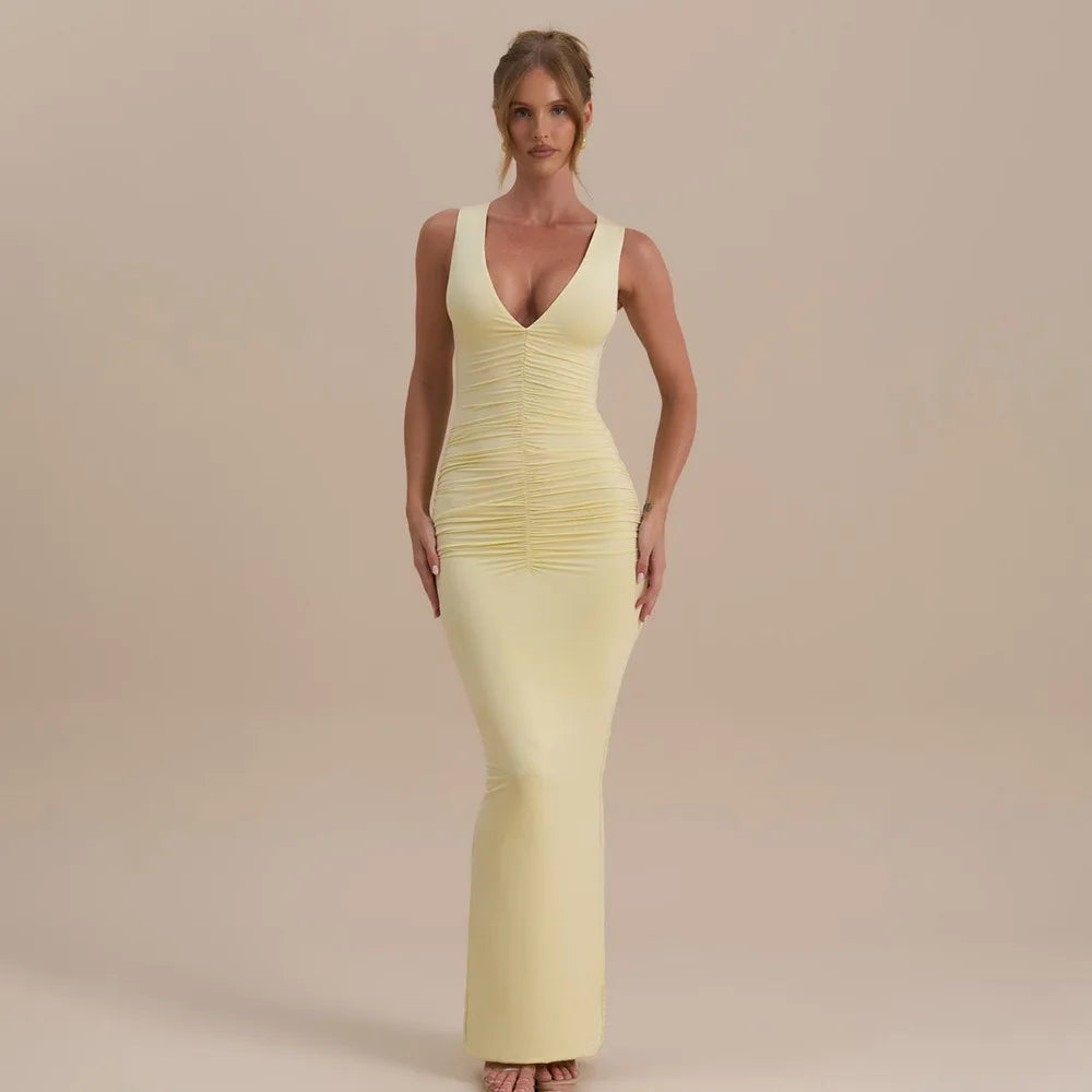 Robe de Femme Sans Manches à V-Neck Profond, Dos Plissé et Ouverture, Style Casual pour Été