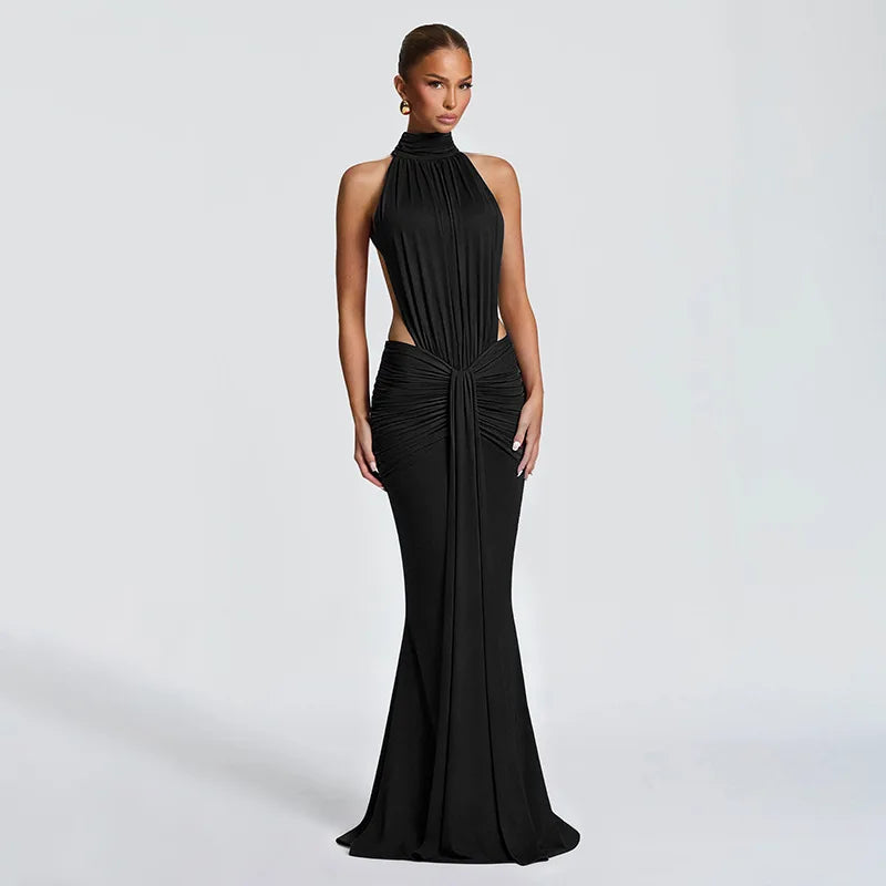Robe longue élégante à col montant et dos nu, sans manches, couleur unie