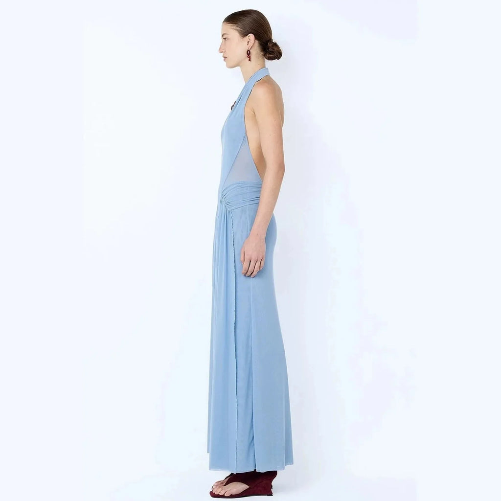 Robe Maxi Élégante à Halter Sans Dos en Maille Bleu, Coupe Slim pour Femme