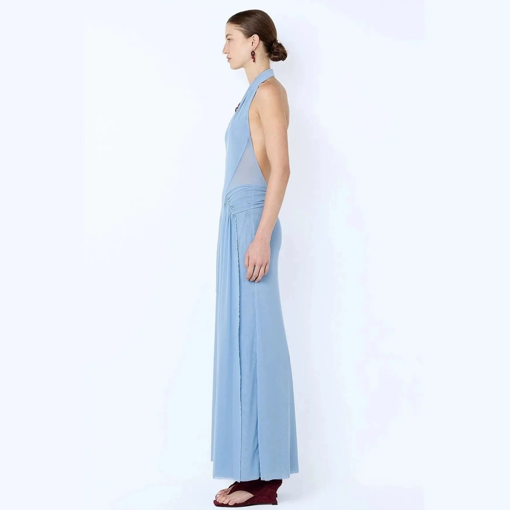 Robe Maxi Élégante à Halter Sans Dos en Maille Bleu, Coupe Slim pour Femme